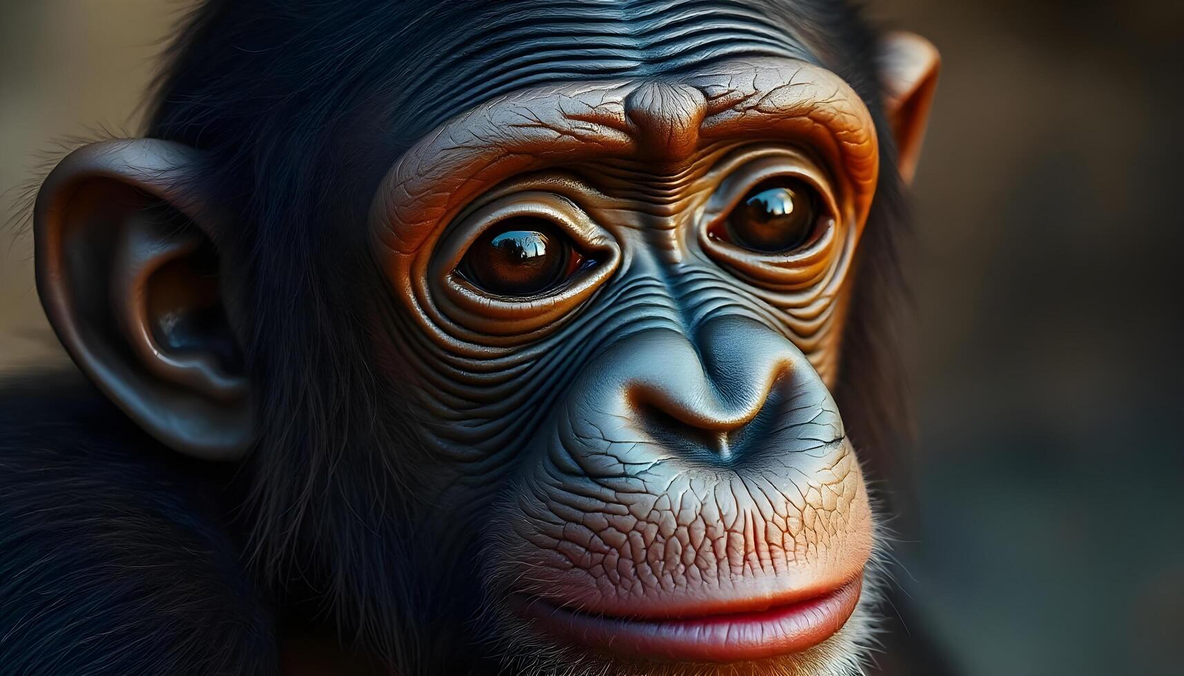 Curious chimpanzee portrait highlighting facial wrinkles and a soft, blurred background photo