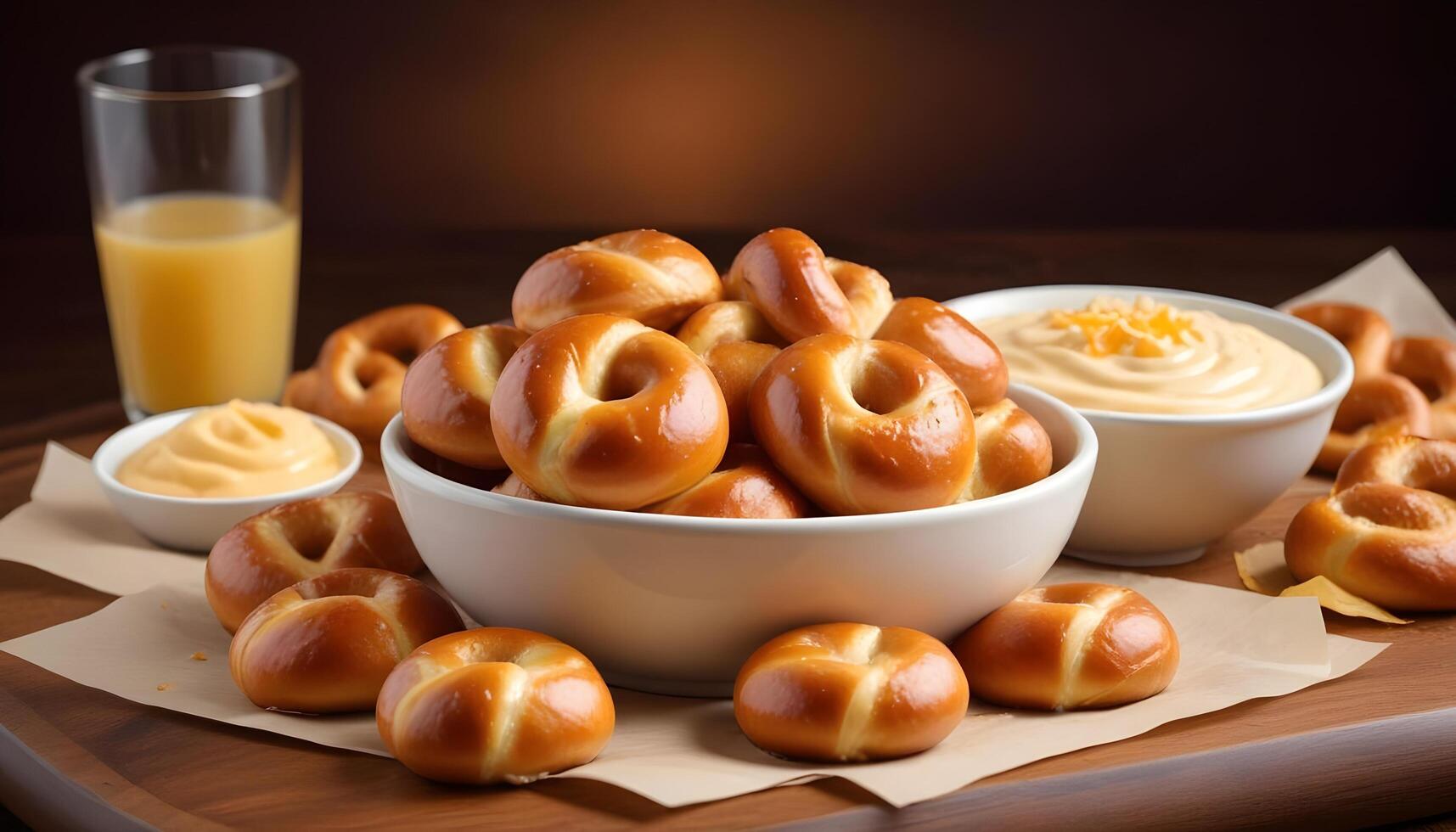 Soft bite sized pretzels paired with a thick and savory cheese dip photo