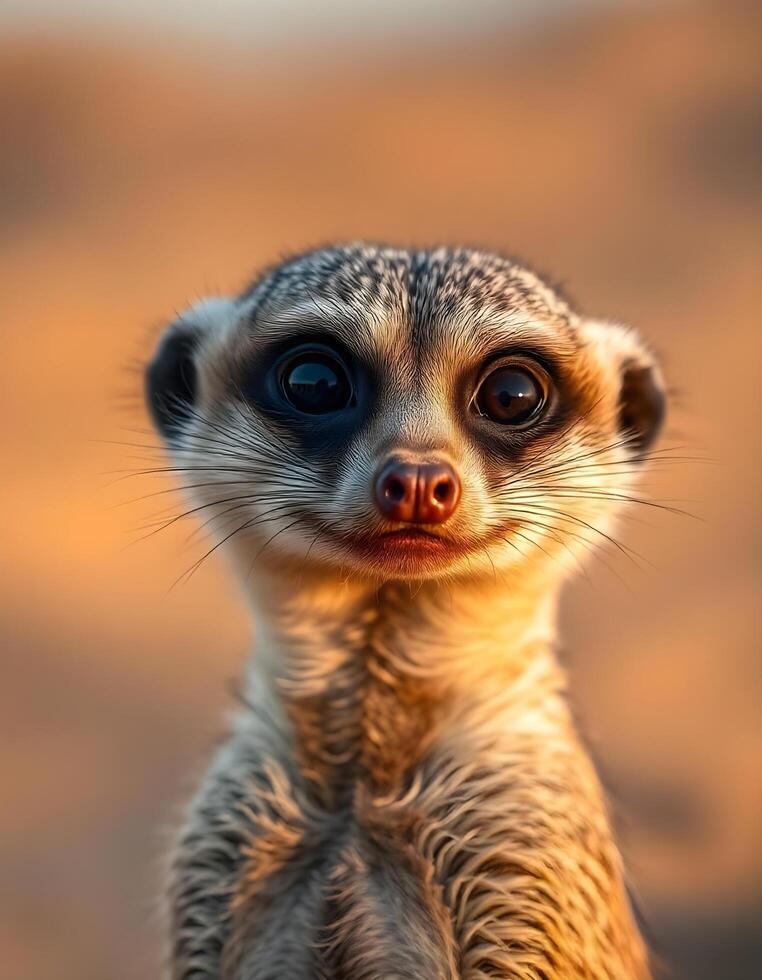 Close up of female meerkat with detailed fur and attentive gaze in desert environment photo