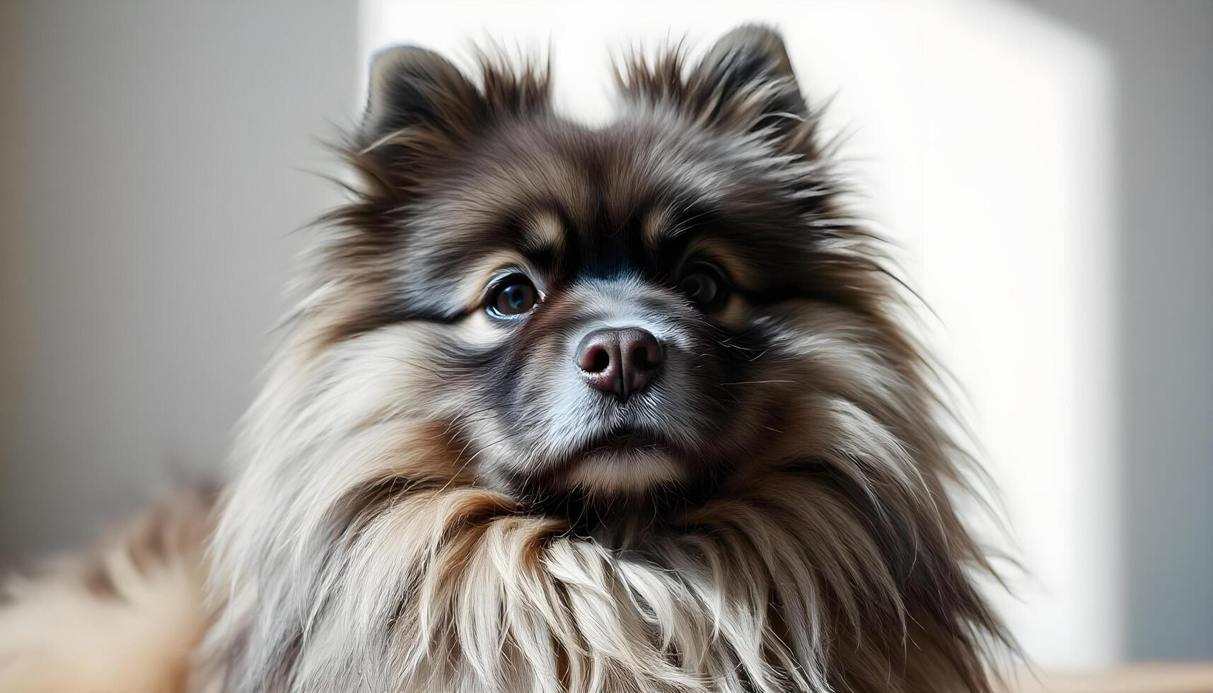 Keeshond with dark eyes and a thick gray coat, resting in soft, natural lighting photo
