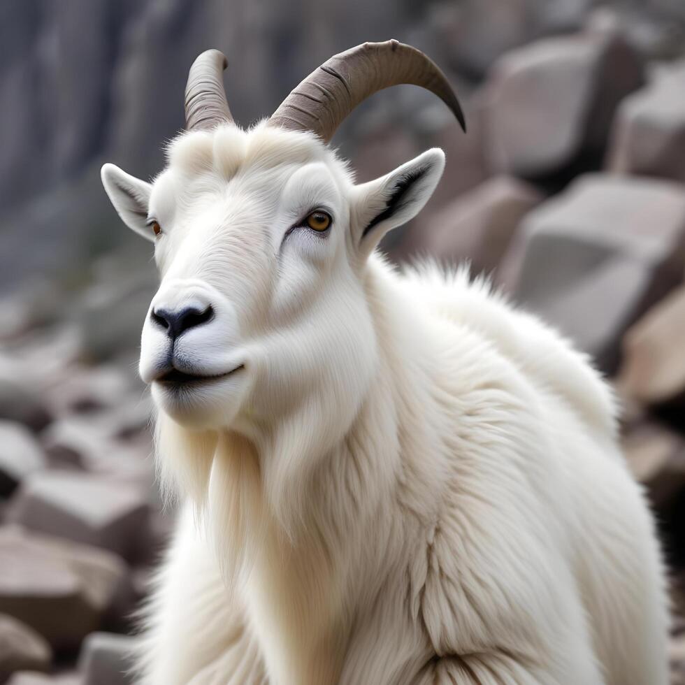 Close up portrait of a female mountain goat with curved horns and rocky blurred backdrop photo