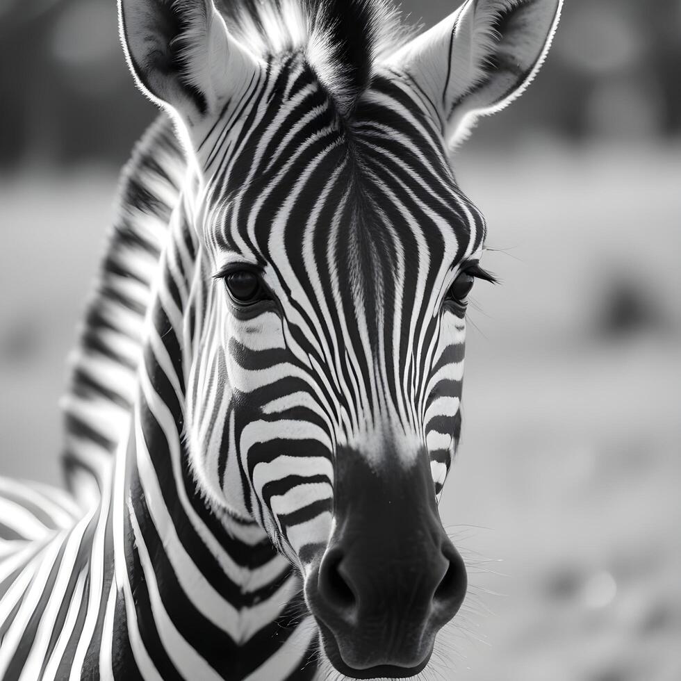 Close up portrait of a female zebra with black and white stripes and a calm expression The focus is on her eyes and the unique pattern of her stripes, with a softly blurred savannah background photo