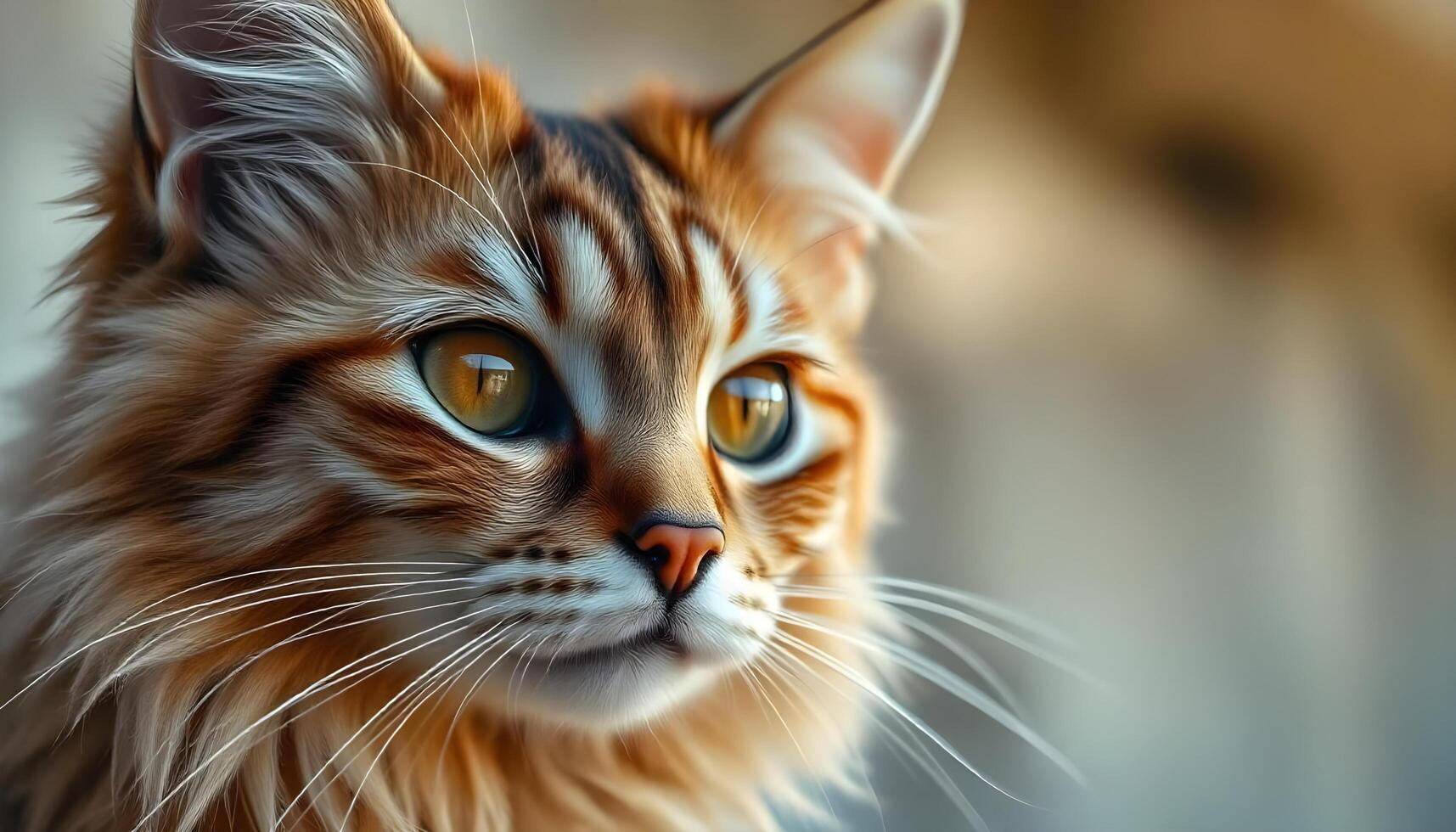 Somali cat with focused gaze, whiskers outlined, against a soft, blurred background photo