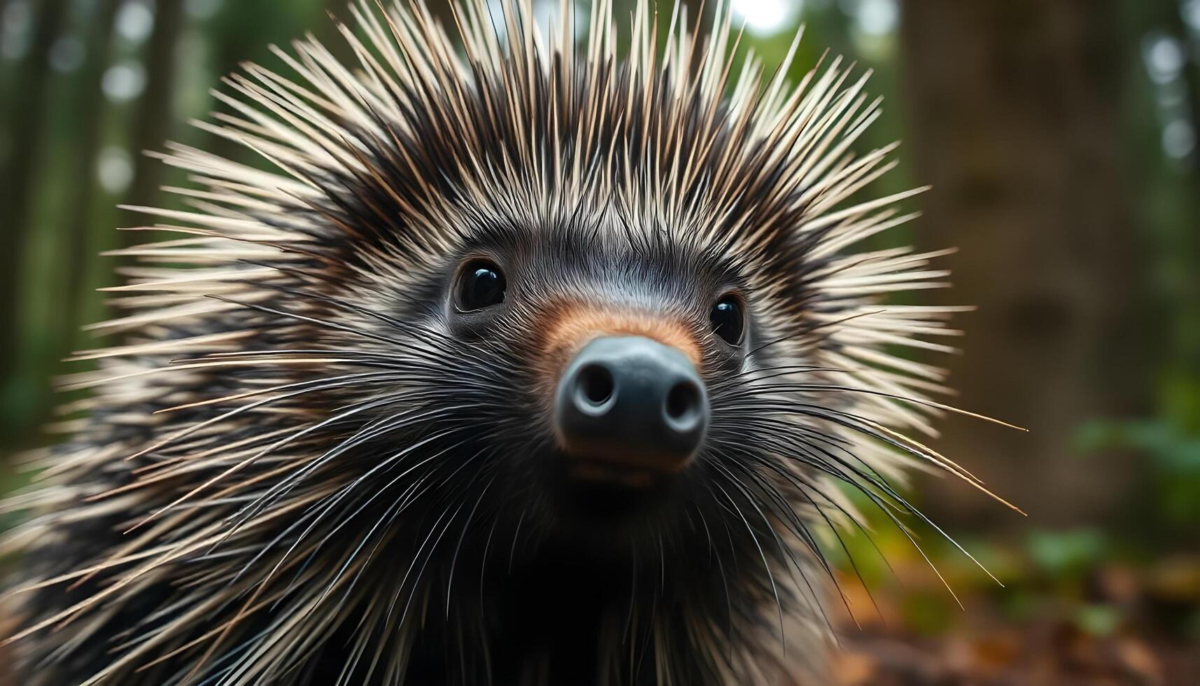 Close up of a male porcupine with piercing eyes and detailed quills, set against a softly blurred woodland setting photo