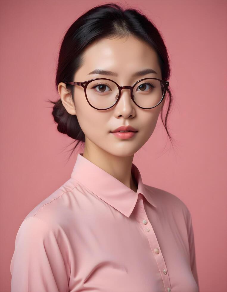 Confident Chinese model with glasses, emphasizing intellect and style against a neutral background photo