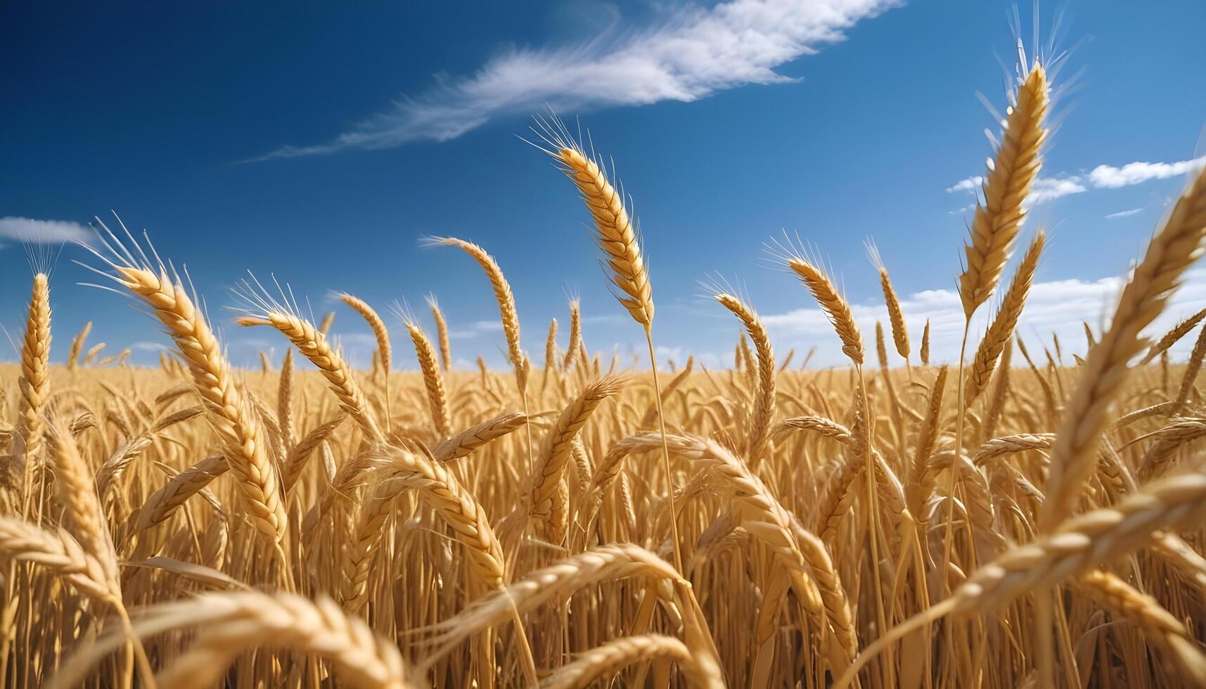 Tranquil wheat field under a crisp blue sky with gentle breezes photo