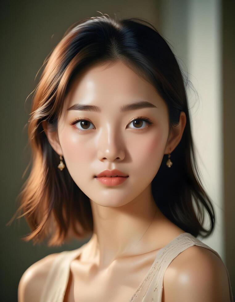 Portrait of a graceful Korean girl with luminous skin and delicate features on plain background photo