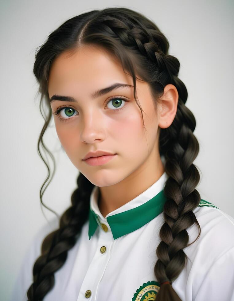 Mexican girl with bold braids and expressive eyes, softly lit against a plain backdrop photo