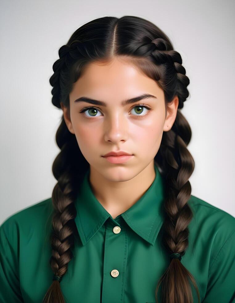 Mexican girl with intricate braids and bright, shining eyes in a neutral studio setting photo