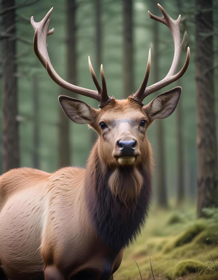 Close up of a young male elk with velvety antlers and soft fur texture in a forest background photo