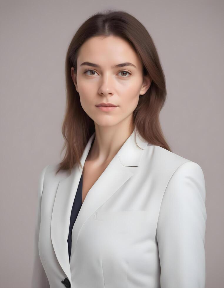 British businesswoman in a sharp suit, looking poised and approachable in a studio setting photo