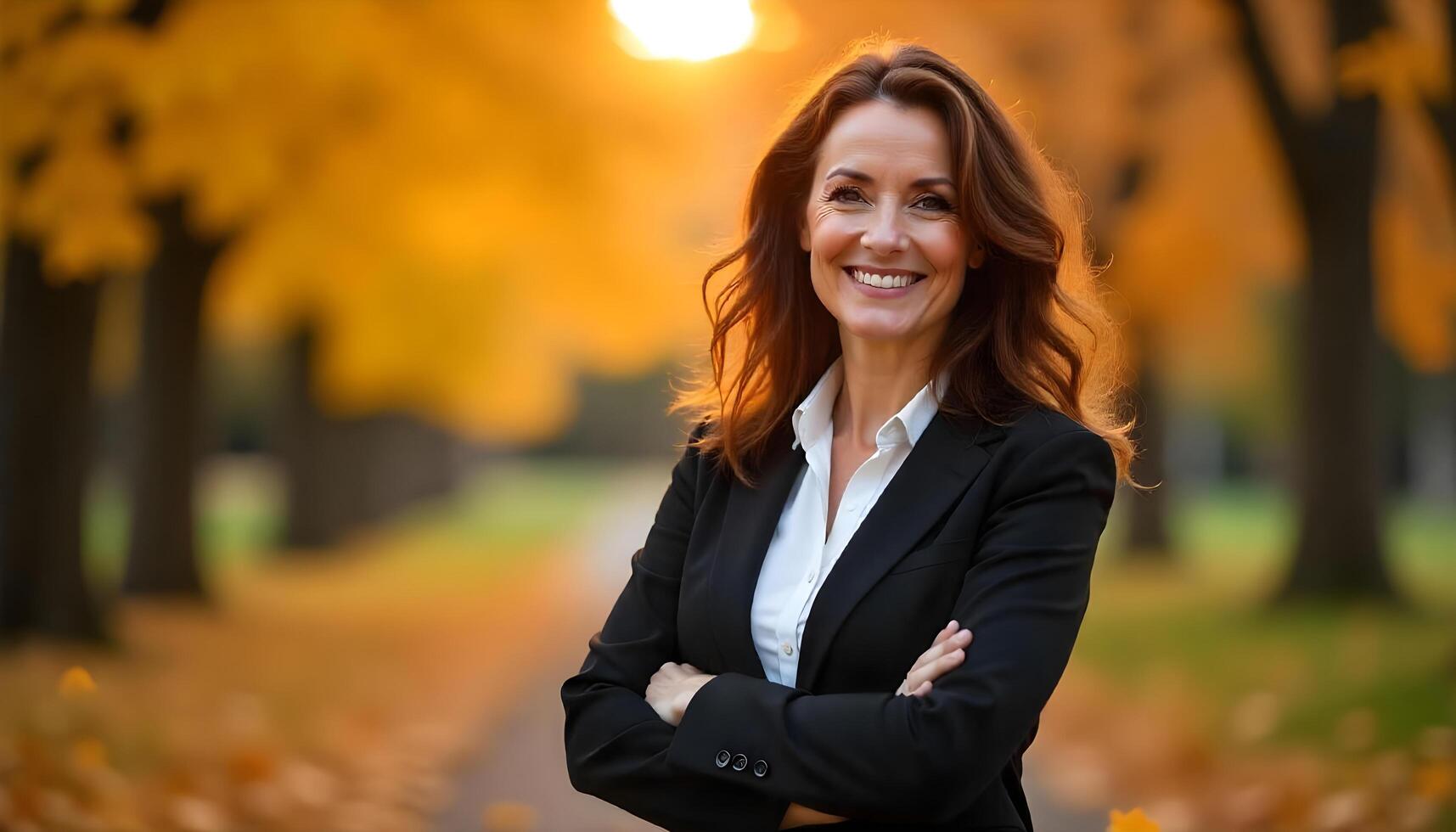Middle aged woman in a black blazer, smiling confidently in an autumn park setting photo