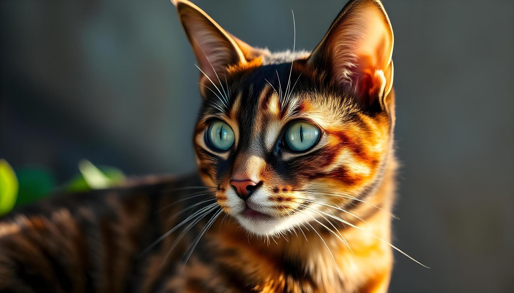 Detailed close up of a tortoiseshell cat, emphasizing its vibrant fur patterns, focused gaze, and soft, natural light bringing out intricate details photo