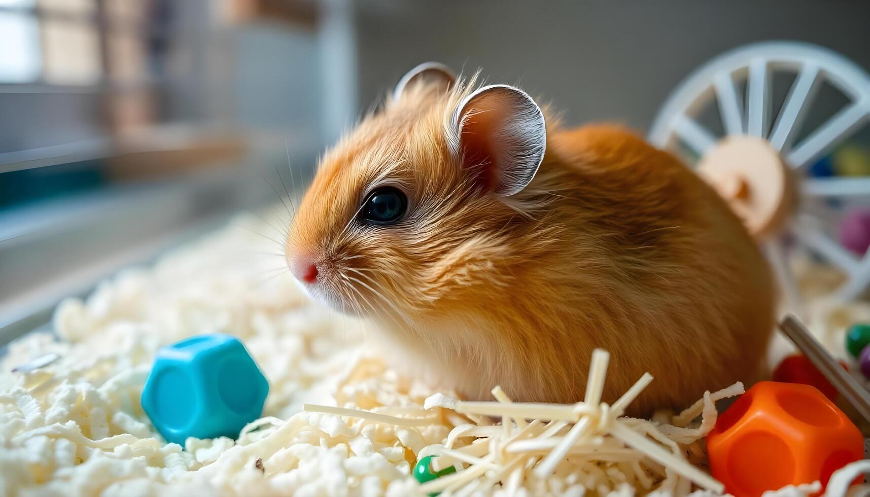 Small, fluffy hamster with a light brown coat sitting in bedding, colorful toys and a wheel in the background photo