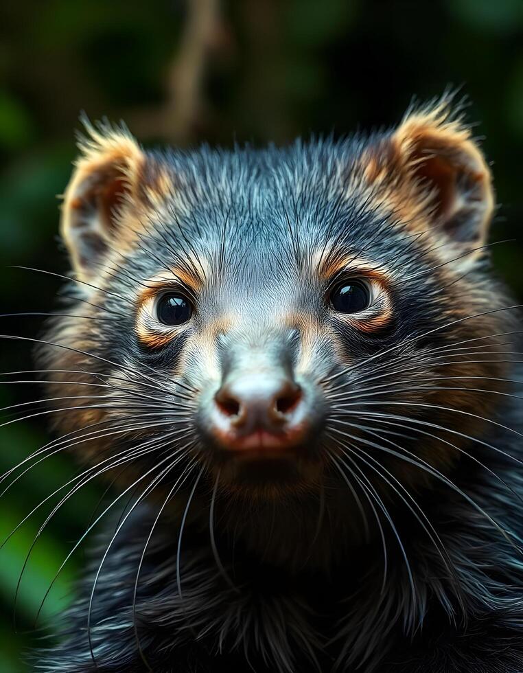 Portrait of a binturong, showcasing her unique facial features, long whiskers, and coarse black fur, with a softly blurred tropical forest behind her photo