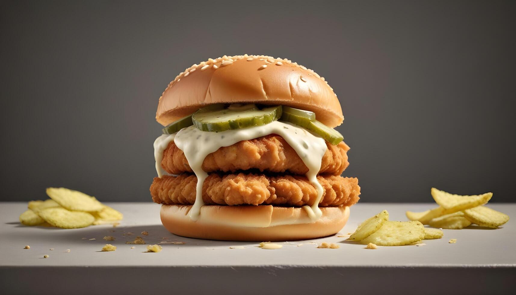 Fried chicken sandwich with crunchy pickles and spicy mayo photo