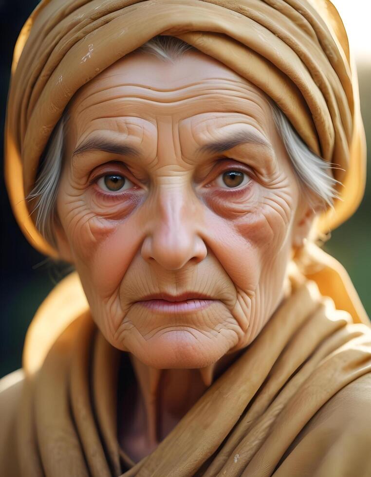 Close up of elderly woman with traditional attire and serene expression captured in natural light photo
