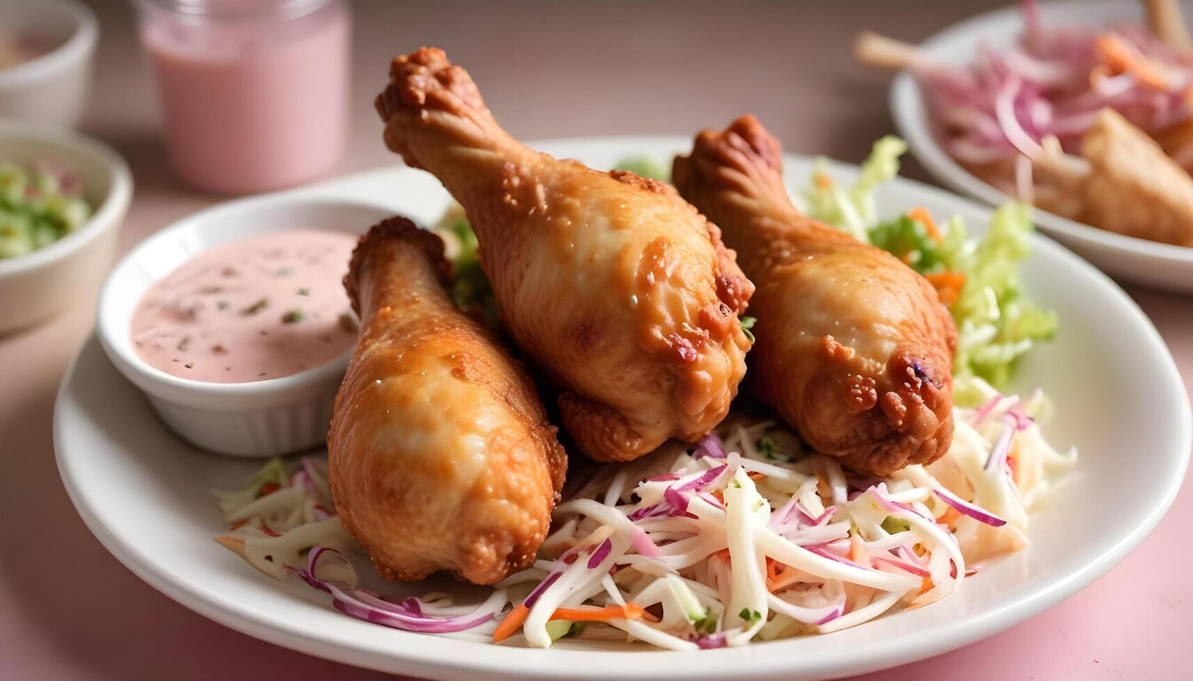 Hot, crunchy fried chicken drumsticks with a side of coleslaw and dipping sauce photo