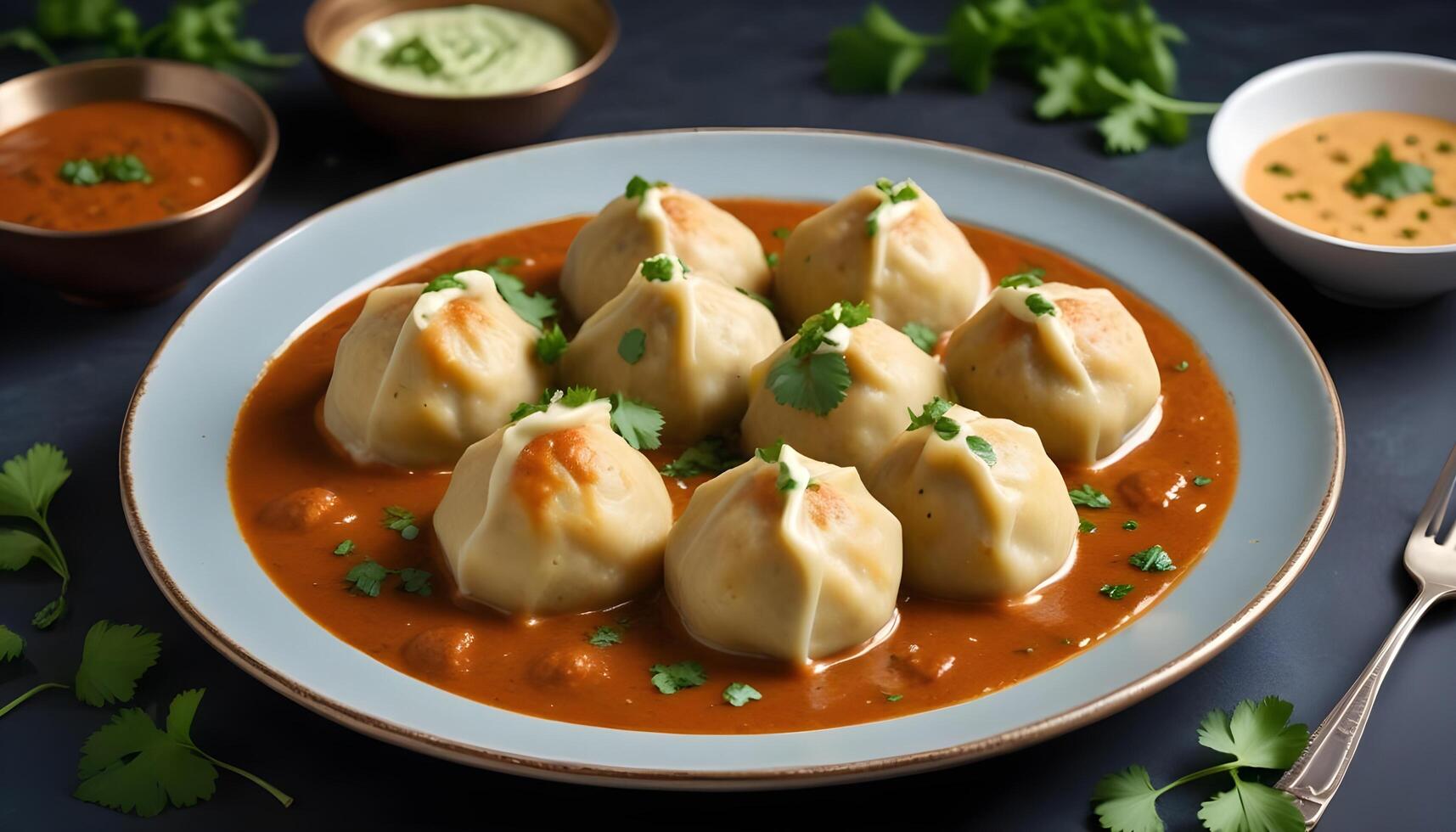 A plate of dumplings with sauce and garnish photo
