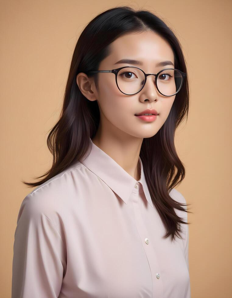 Stylish Chinese model in glasses, exuding confidence and intelligence in a minimalist setting photo