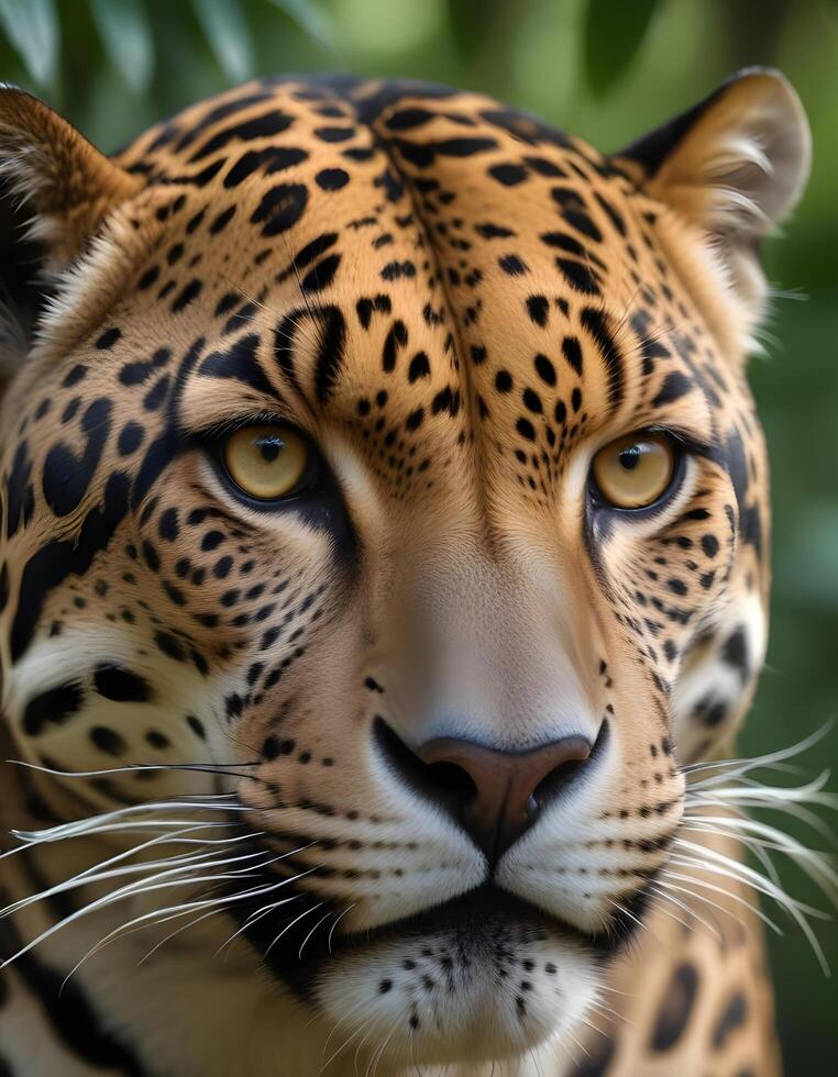 Fierce male jaguar with piercing gaze in jungle, photo