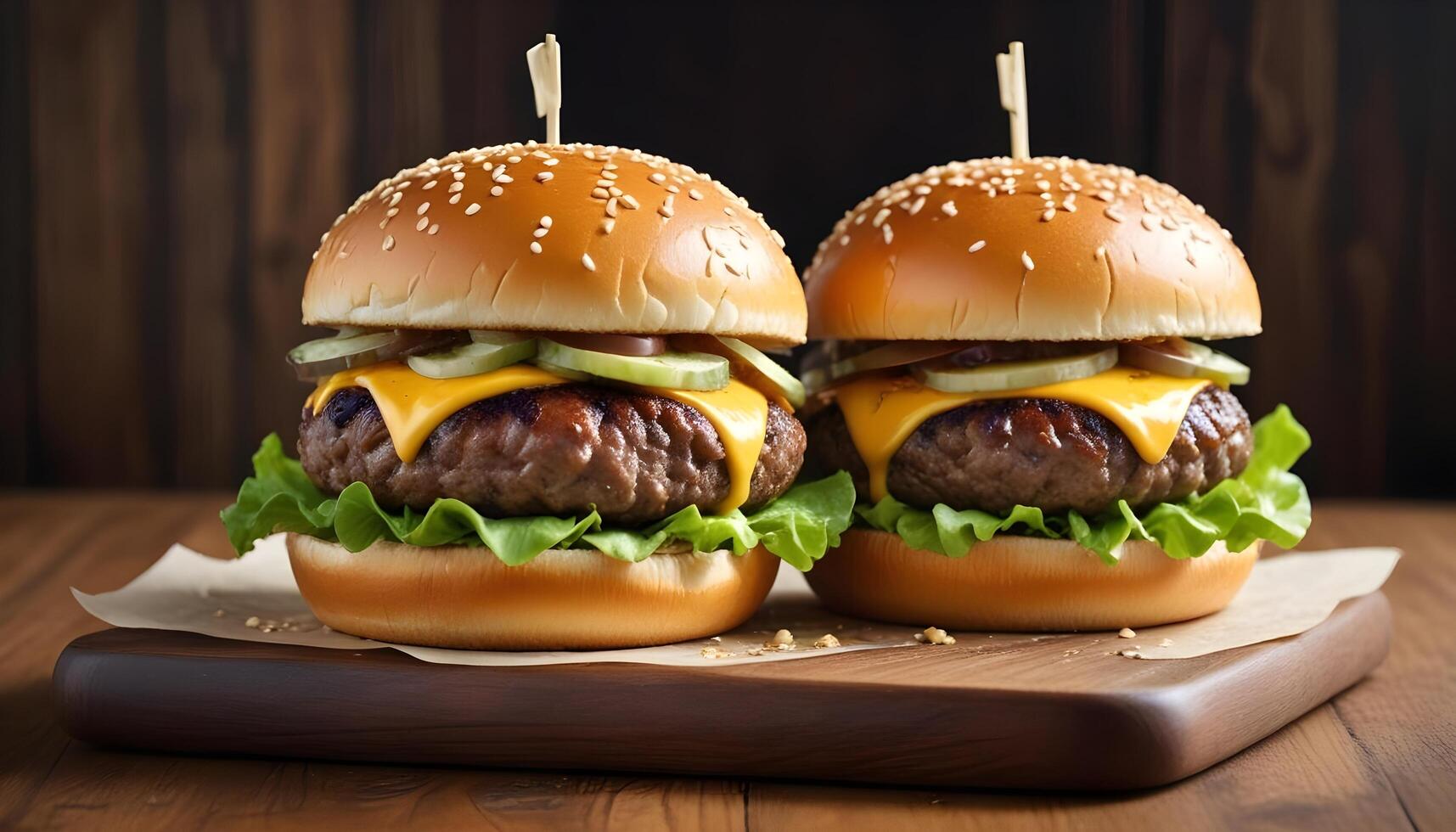 Mouth watering burger with melted cheese, lettuce, and sesame seed bun on rustic wood photo