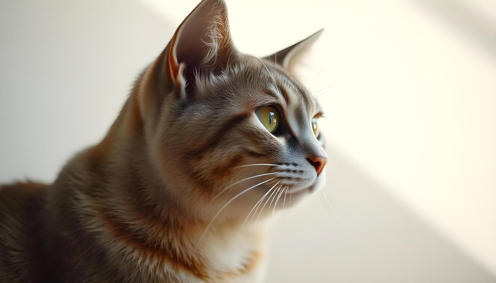 A close up of a light brown striped cat with large green eyes and prominent whiskers, gazing to the side photo