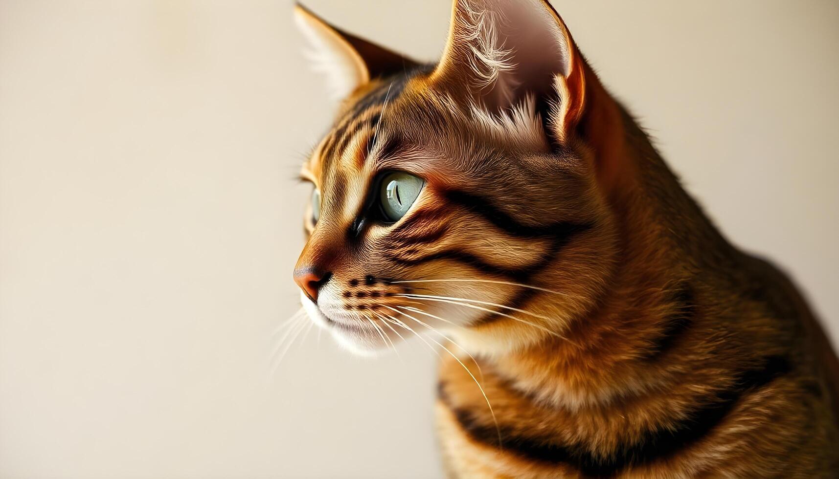 Side profile of a Sokoke cat with marbled coat and green eyes gazing into the distance photo