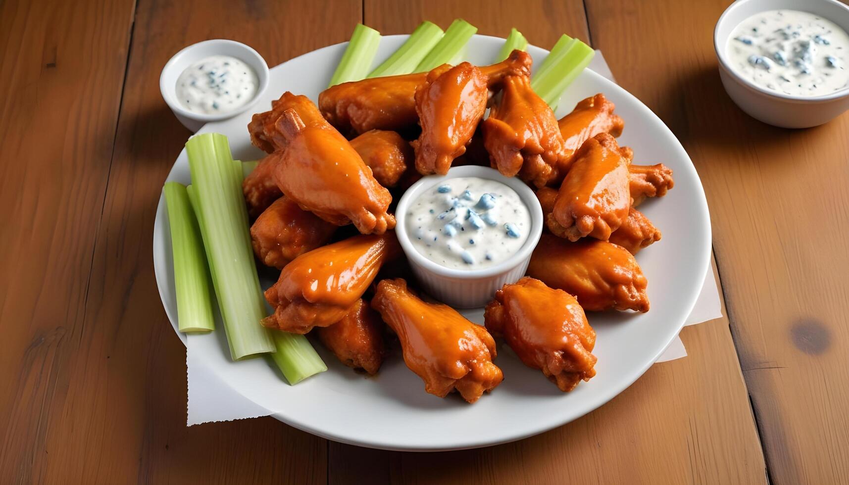 Flavorful buffalo wings served with celery sticks and savory blue cheese dip photo
