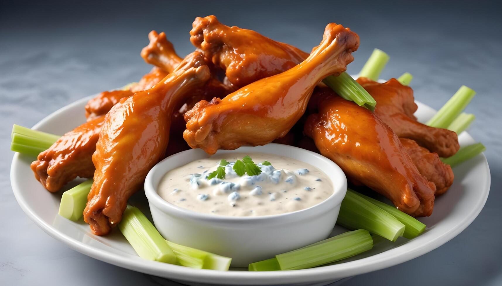 Spicy buffalo wings served with crunchy celery sticks and smooth blue cheese dip photo
