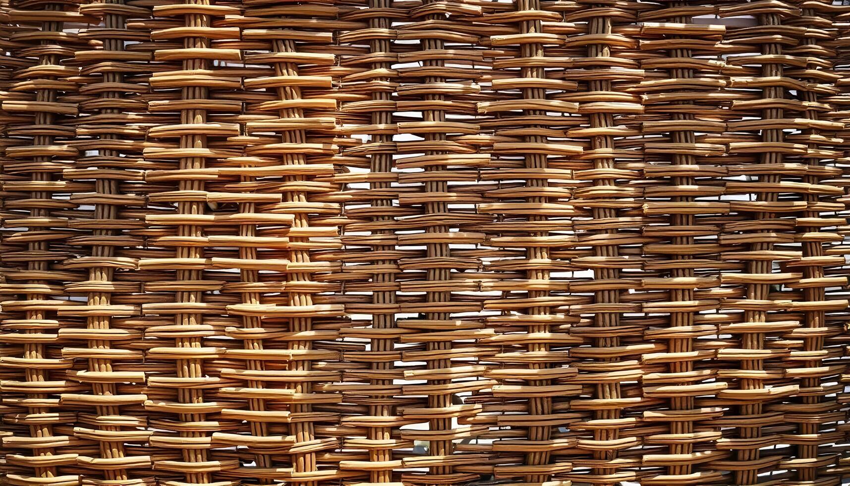 Wide angle shot of a rattan texture background, emphasizing the interlaced design and organic feel, under bright daylight to enhance the natural hues and shadows photo