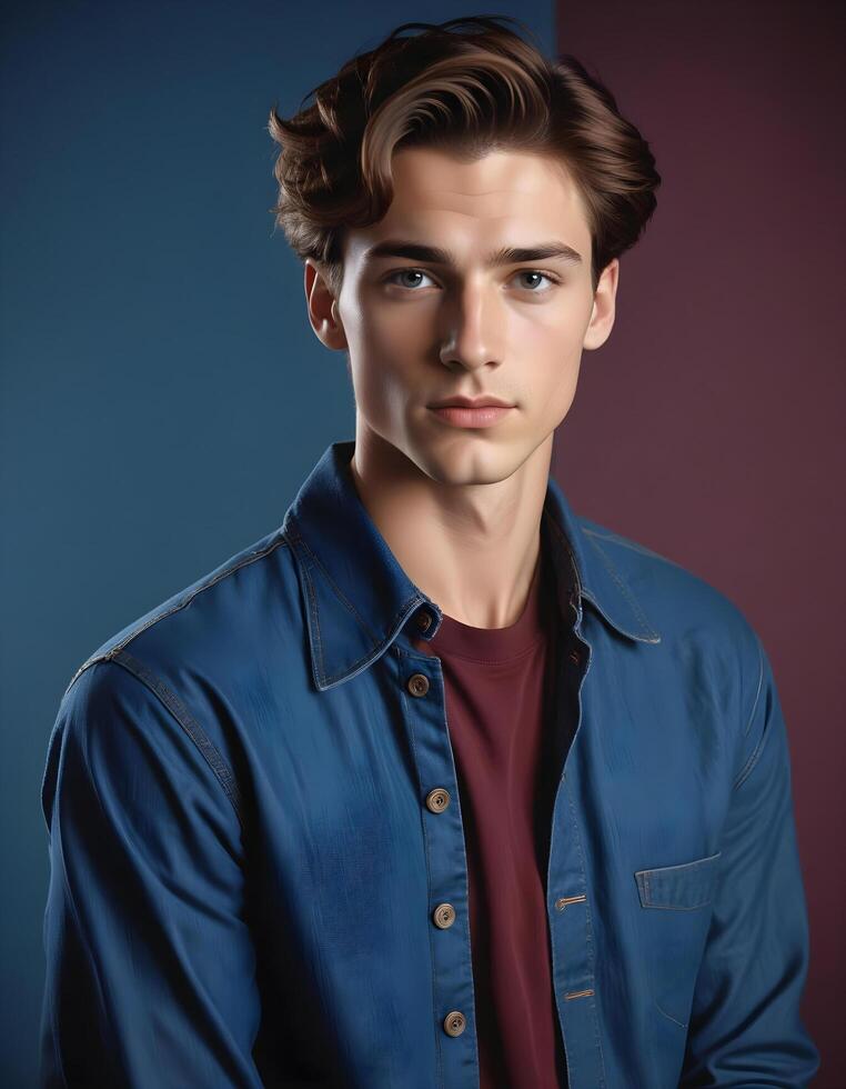 Young Canadian man with a stylish haircut posing confidently in a neutral studio setting photo