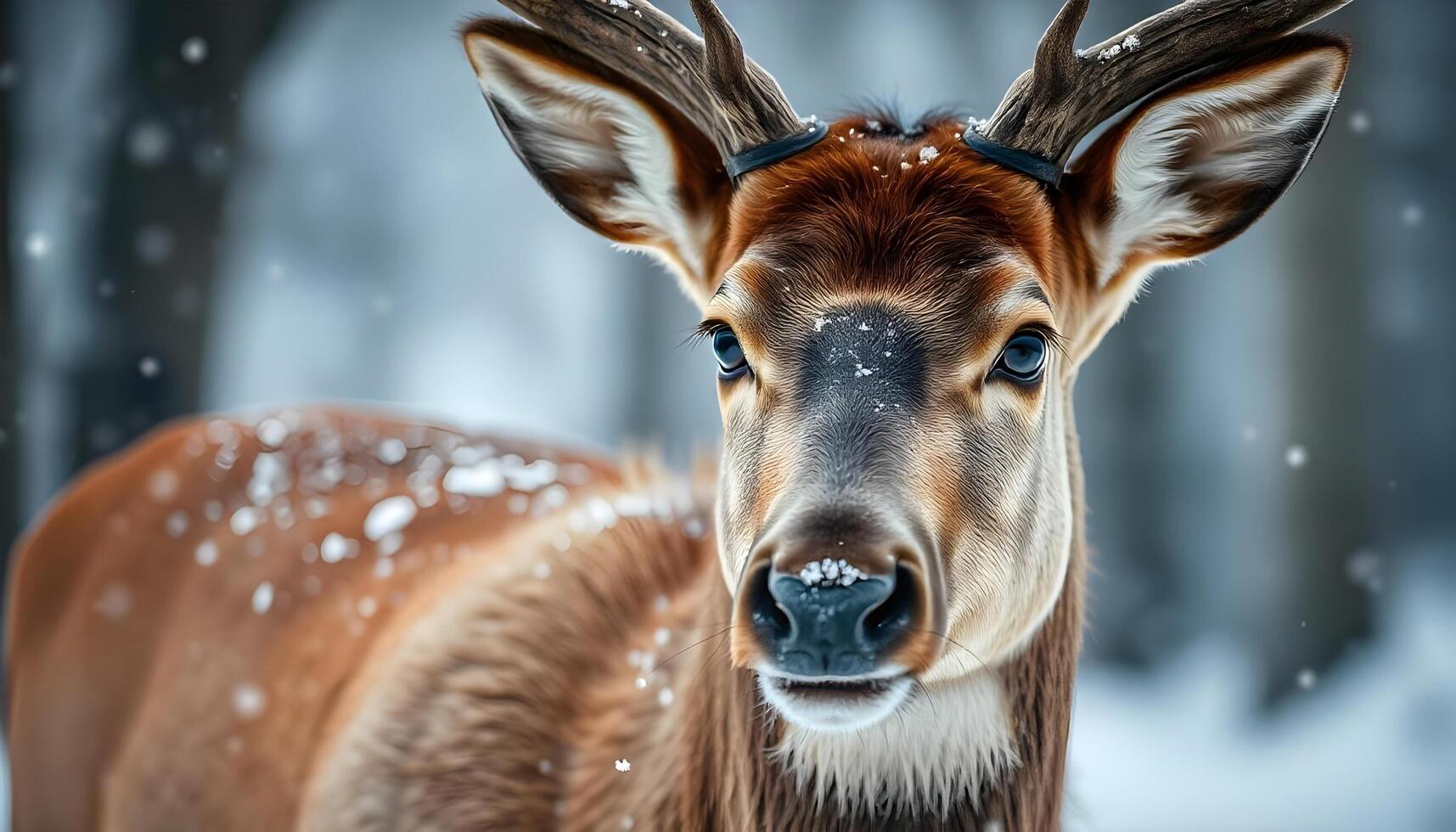 Female elk standing in the snow with smooth light brown fur and a gentle expression photo