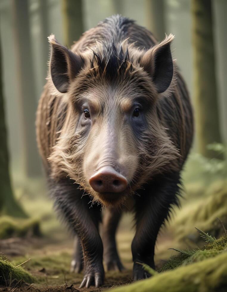 Close up of a wild boar with textured fur and detailed tusks, set in a natural woodland scene photo