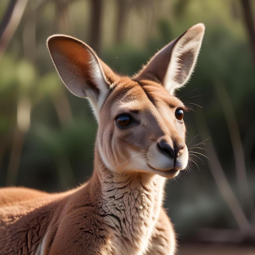 Close up of a female kangaroo with tilted head and alert eyes against outback backdrop photo