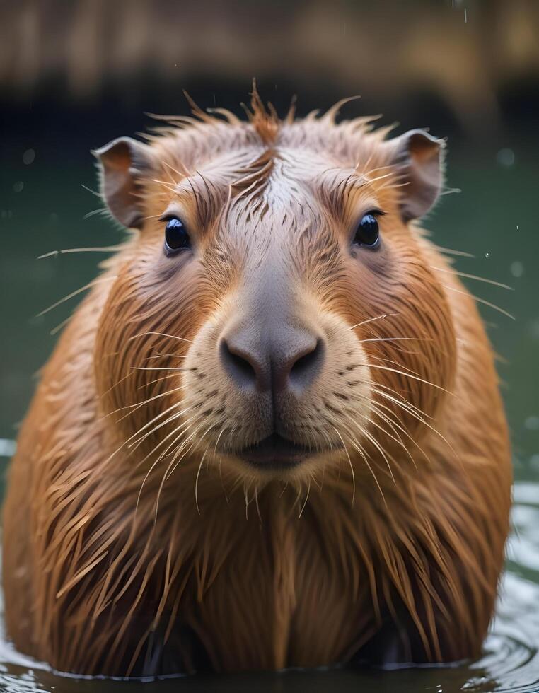 Close up of a male capybara with textured wet fur and focused eyes by the water photo