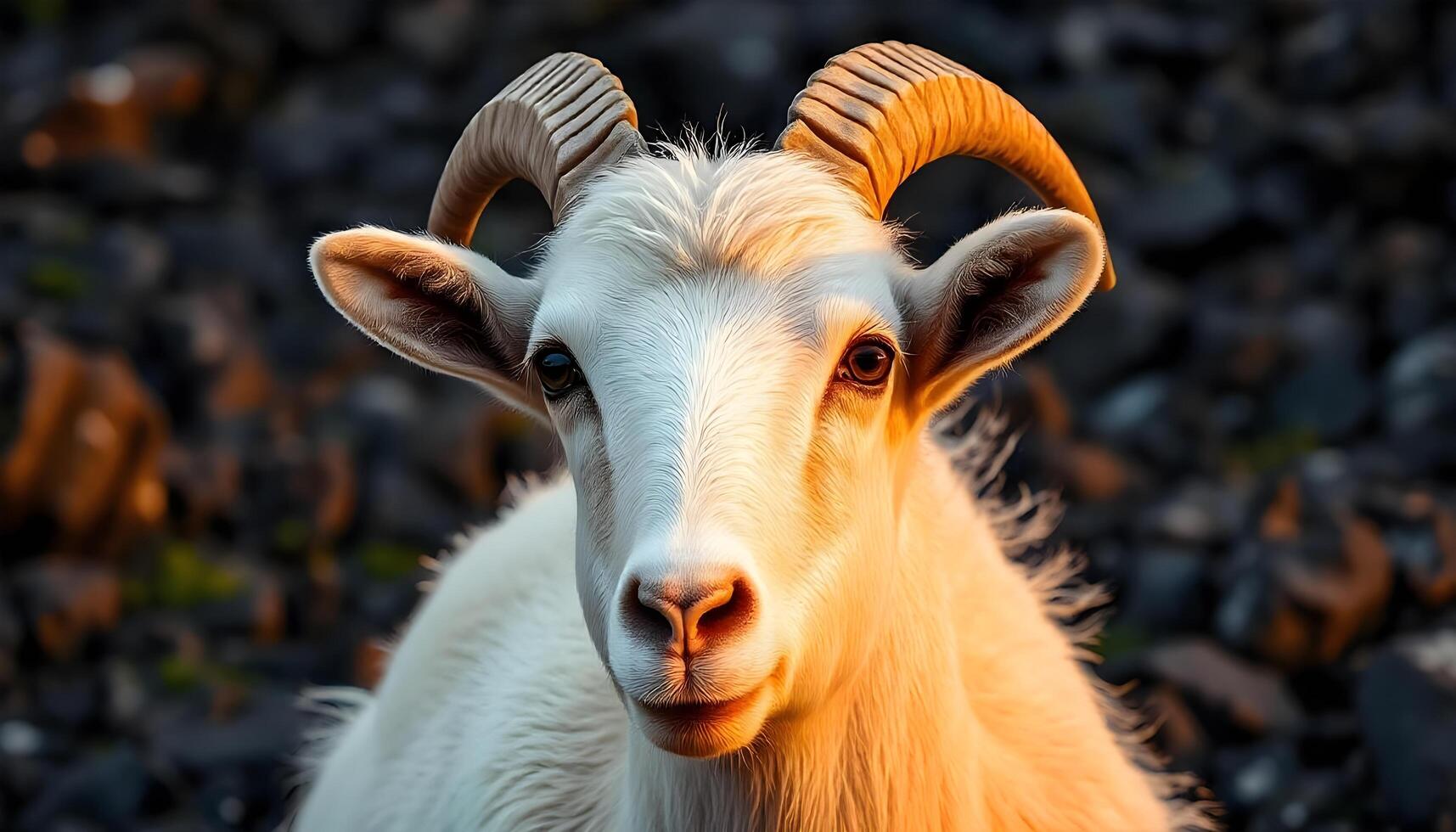 Portrait of a mountain goat, showcasing its strong facial structure, thick woolly coat, and piercing eyes, with a softly blurred rocky background photo