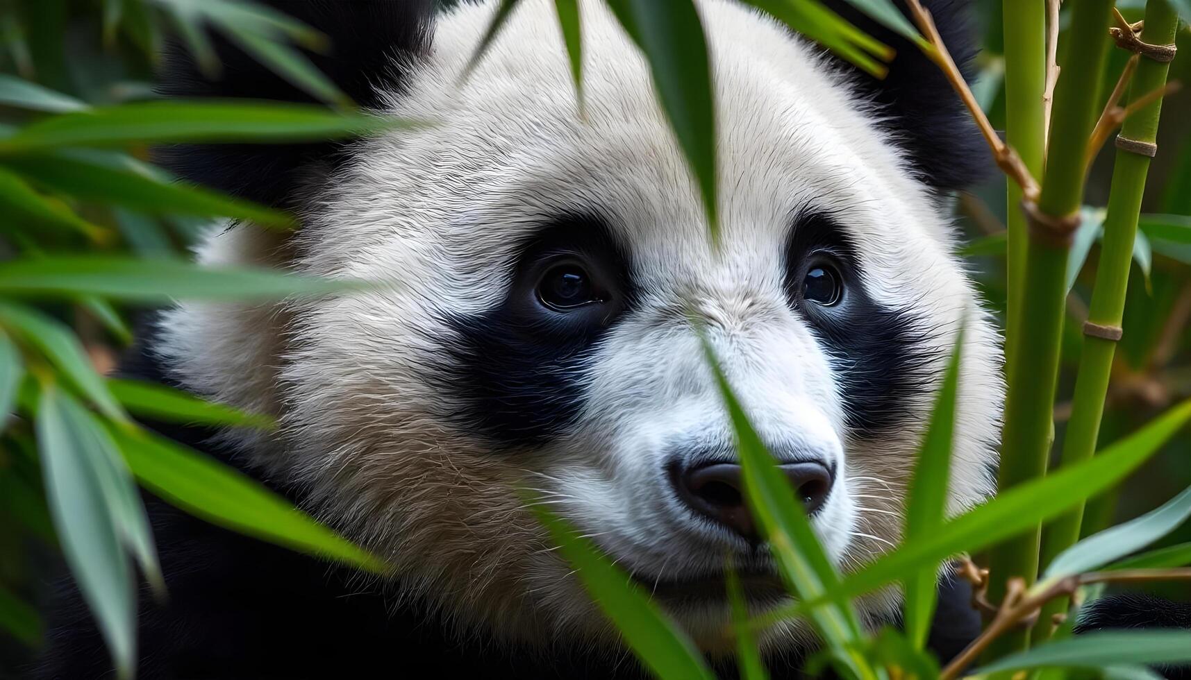 Close up of a panda with lush bamboo, black and white fur, expressive eyes, in a natural green setting photo