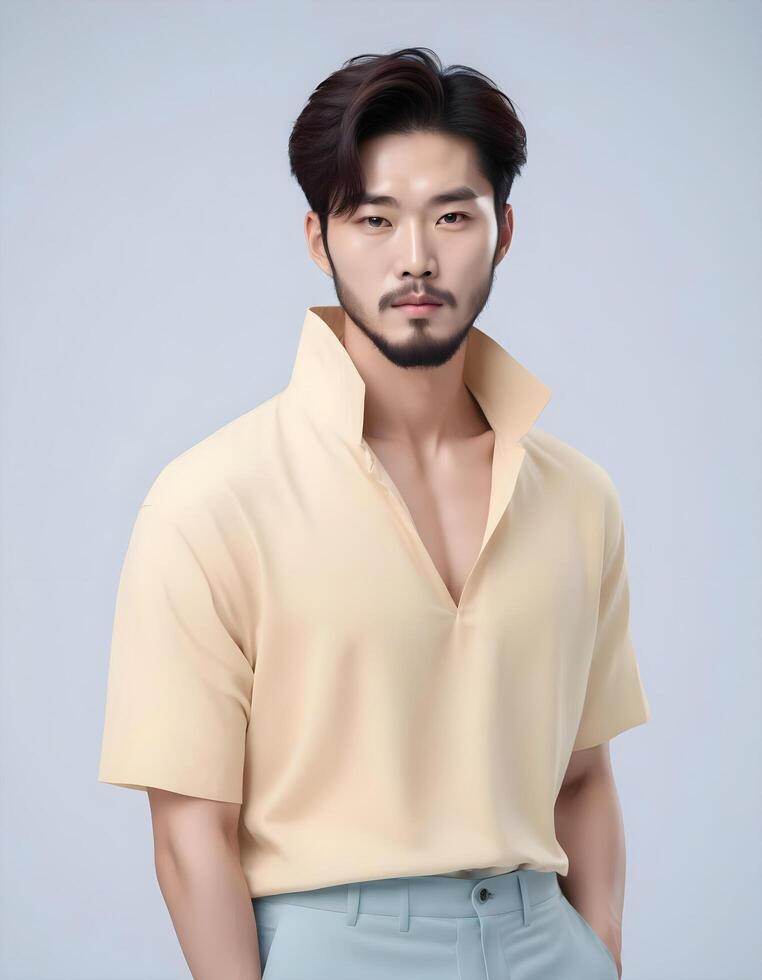 Confident Korean man showing off his neat beard and striking a pose photo