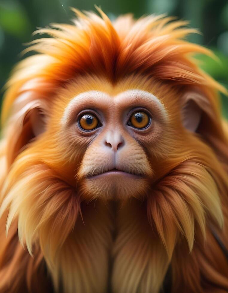 Detailed expression of a female golden lion tamarin against a blurred jungle backdrop photo