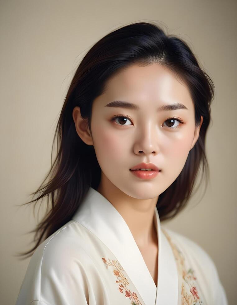 Minimalistic portrait of a Korean girl with smooth, flawless skin photo