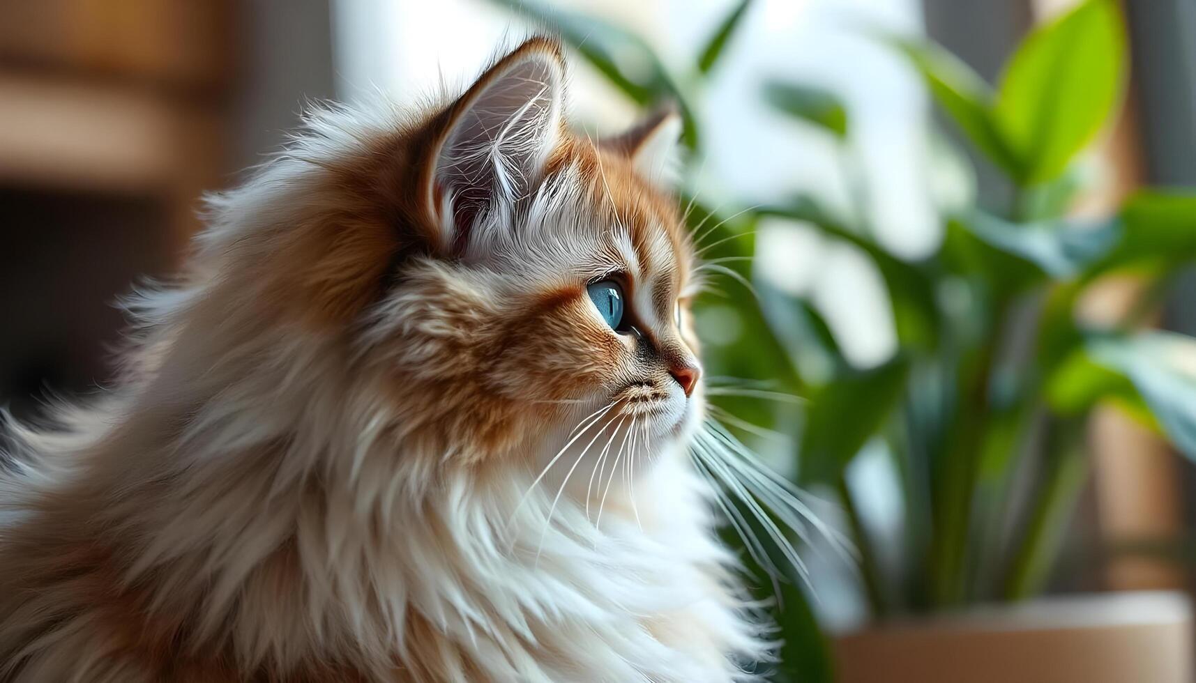 Persian cat side profile blue eyes long fur soft whiskers bokeh blurred background natural light photo