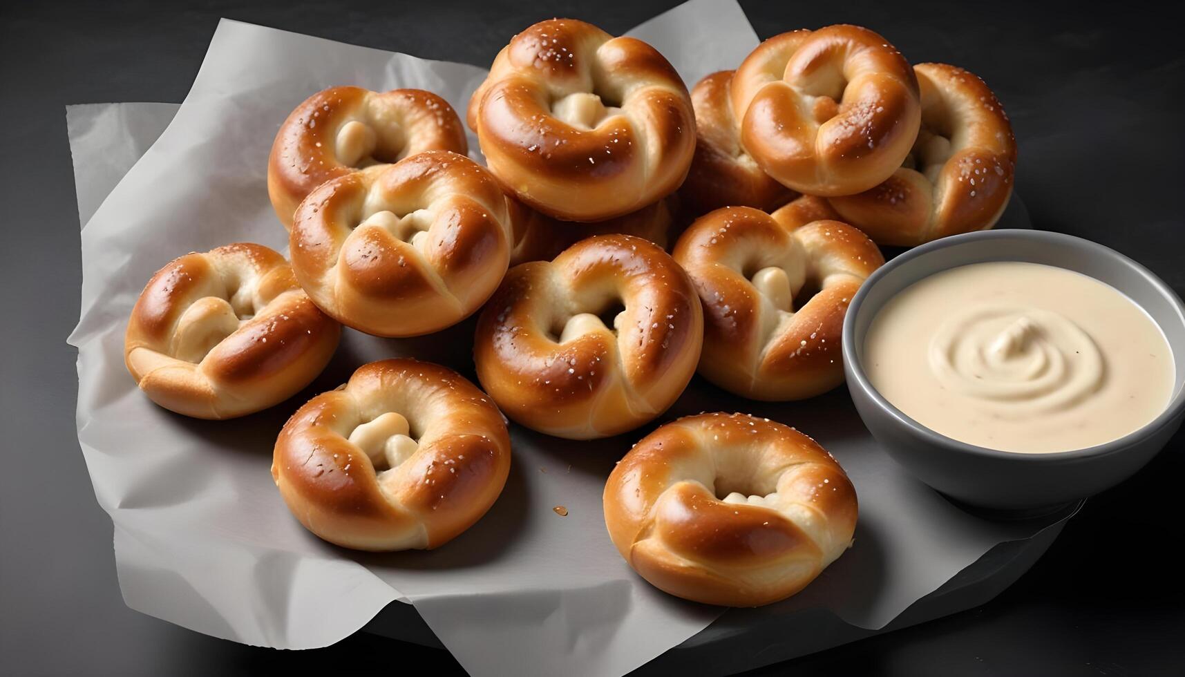 Golden brown soft pretzel bites with a side of rich melted cheese photo
