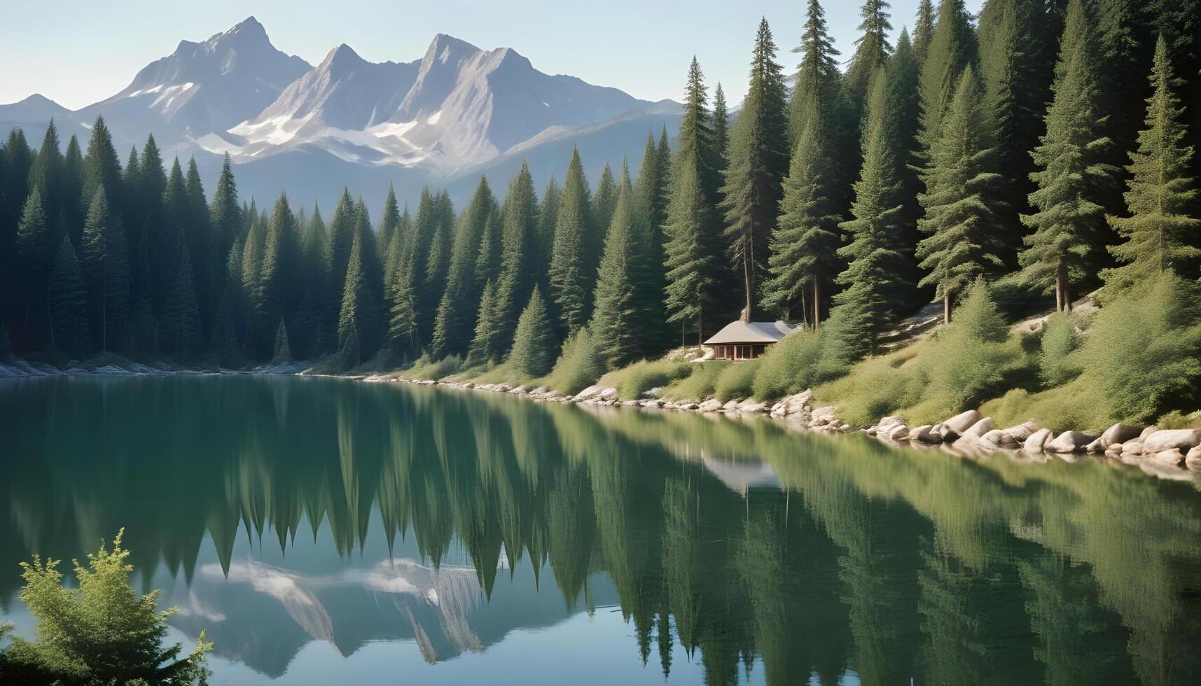 Pristine mountain lake with still waters mirroring dense forest and majestic mountains photo