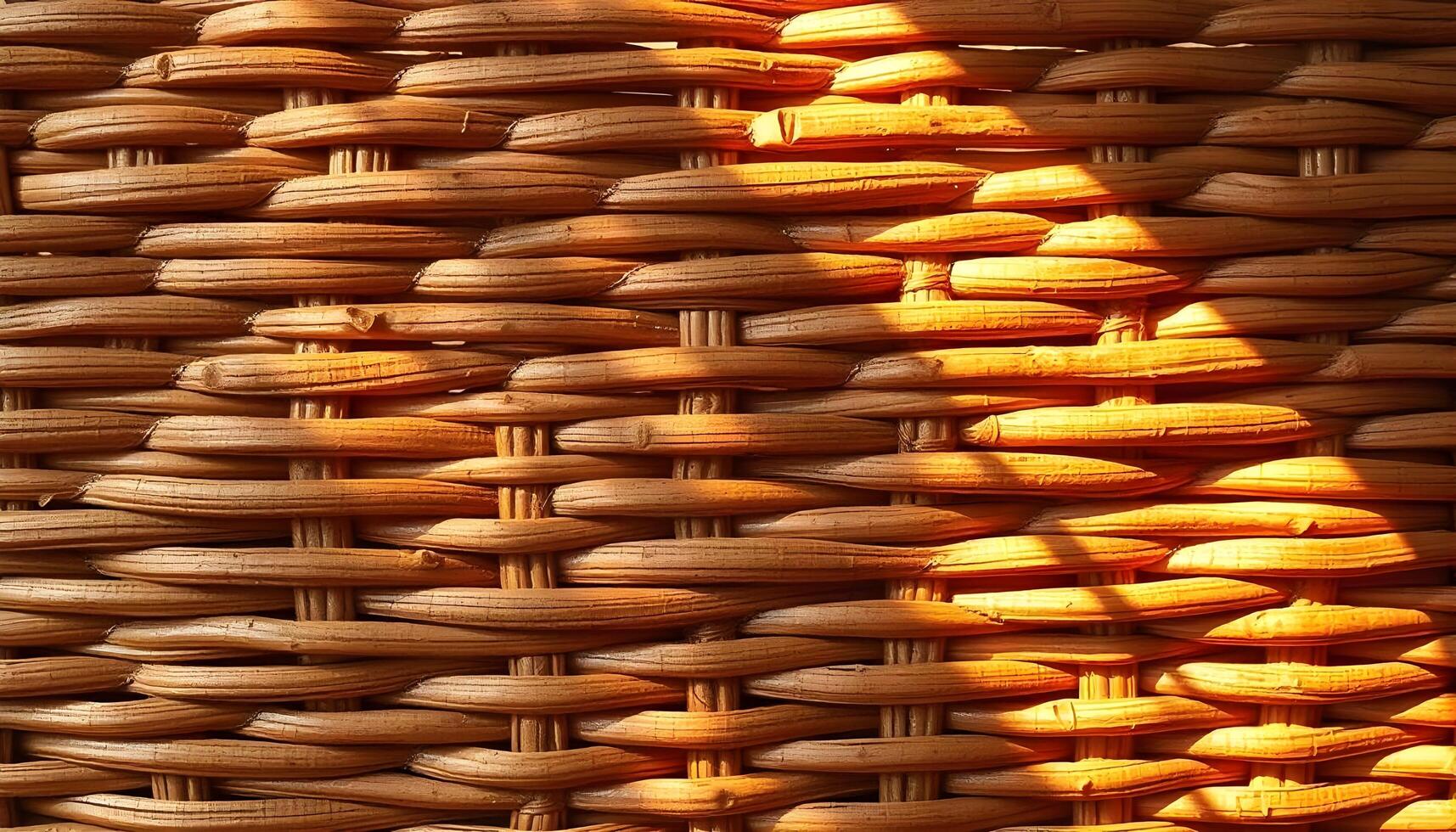 Wicker texture background illuminated by a warm golden light, creating soft shadows that enhance the three dimensional quality of the weave photo