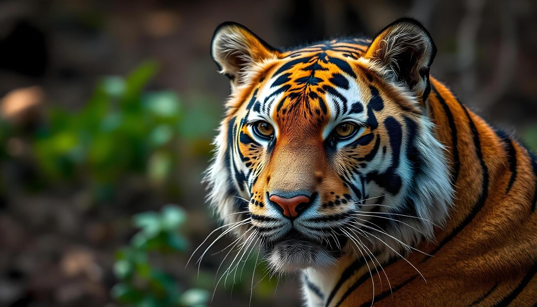 Sumatran tiger with bold orange black fur, piercing yellow eyes, and a focused look in lush greenery photo