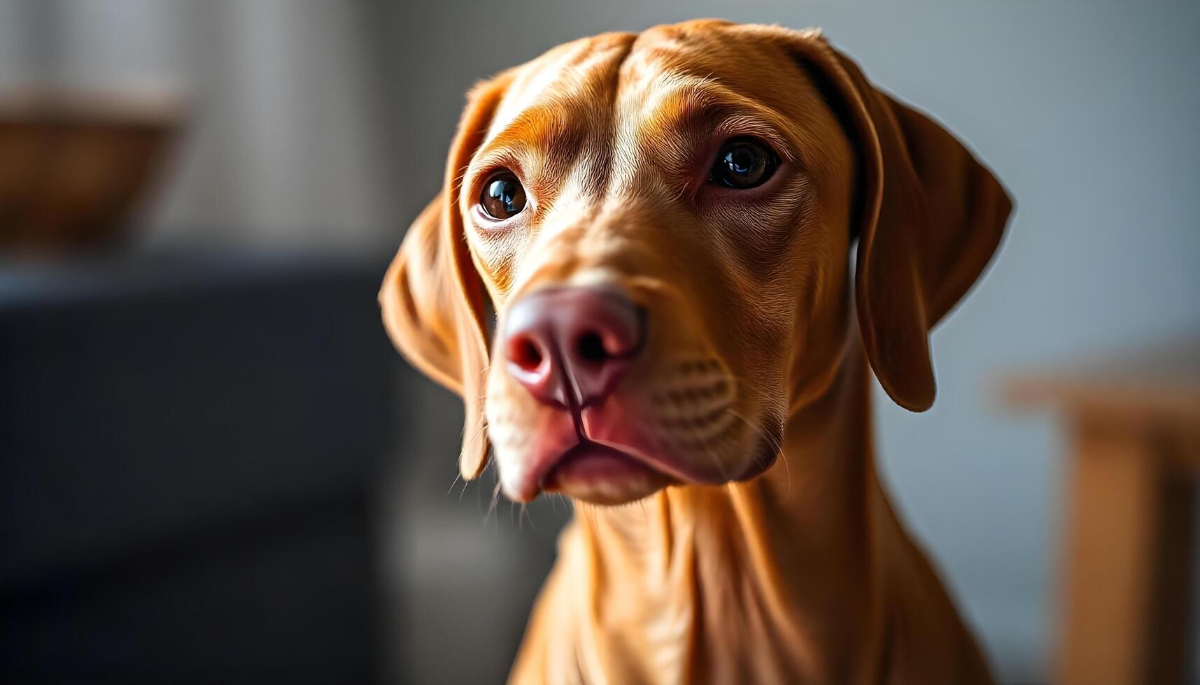 Close up of a Vizsla with bright dark eyes, short and sleek coat, focused gaze, natural lighting highlighting the fur texture, neutral blurred background, calm and composed demeanor photo