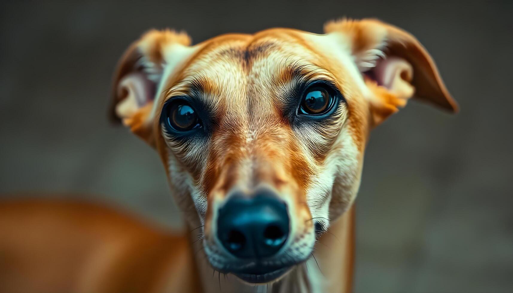 Portrait of a Saluki with sleek, elegant fur, expressive dark eyes, and a serene yet attentive expression, softly blurred neutral background photo