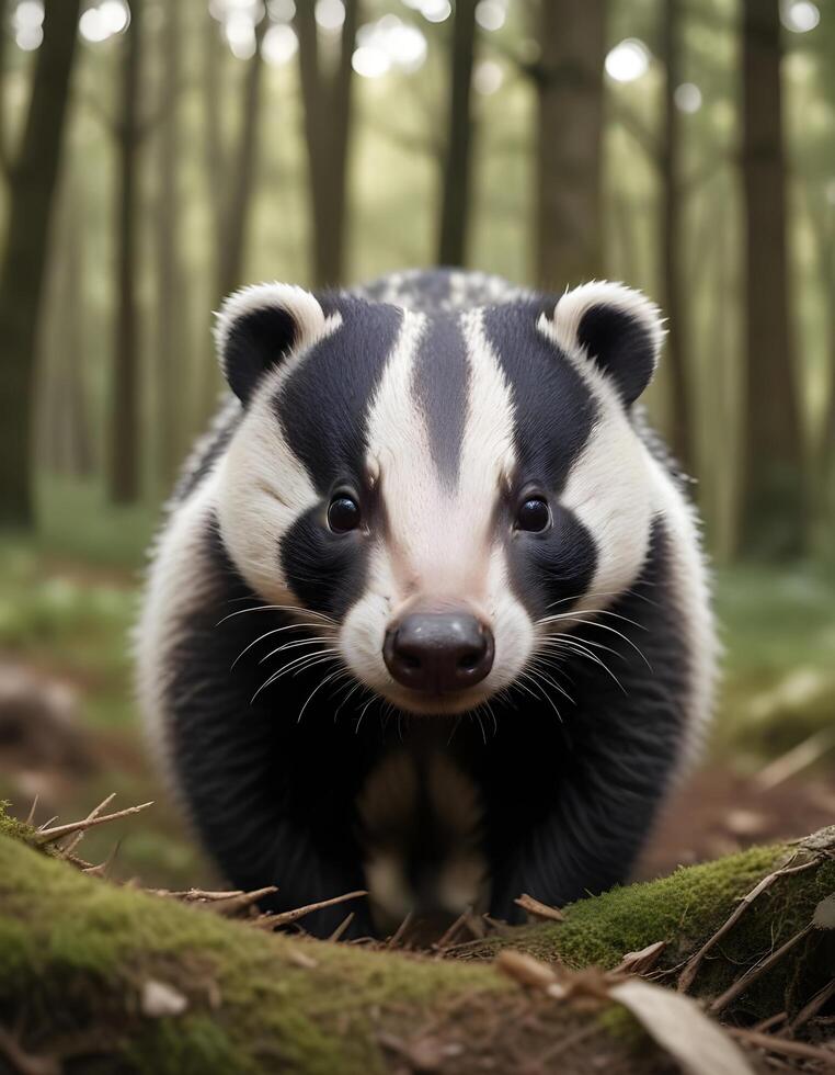 Detailed portrait of a female badger highlighting her fur texture and alert expression photo