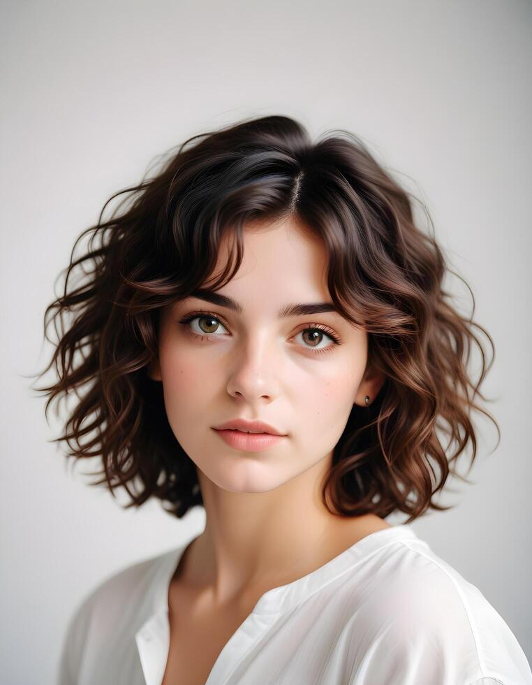 French girl with wavy hair and serene expression, captured in a simple setting photo